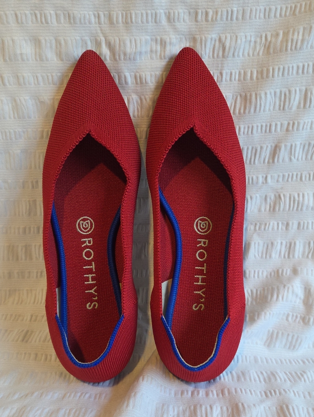 Rothy's Red Pointed Knit Flats with Blue Trim